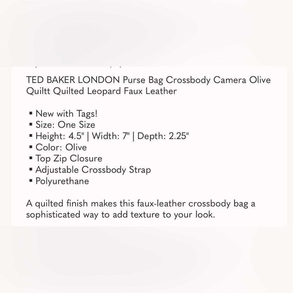 NWT TED BAKER LONDON Bag Crossbody Camera Olive Quiltt Leopard Faux Leather - Picture 3 of 12
